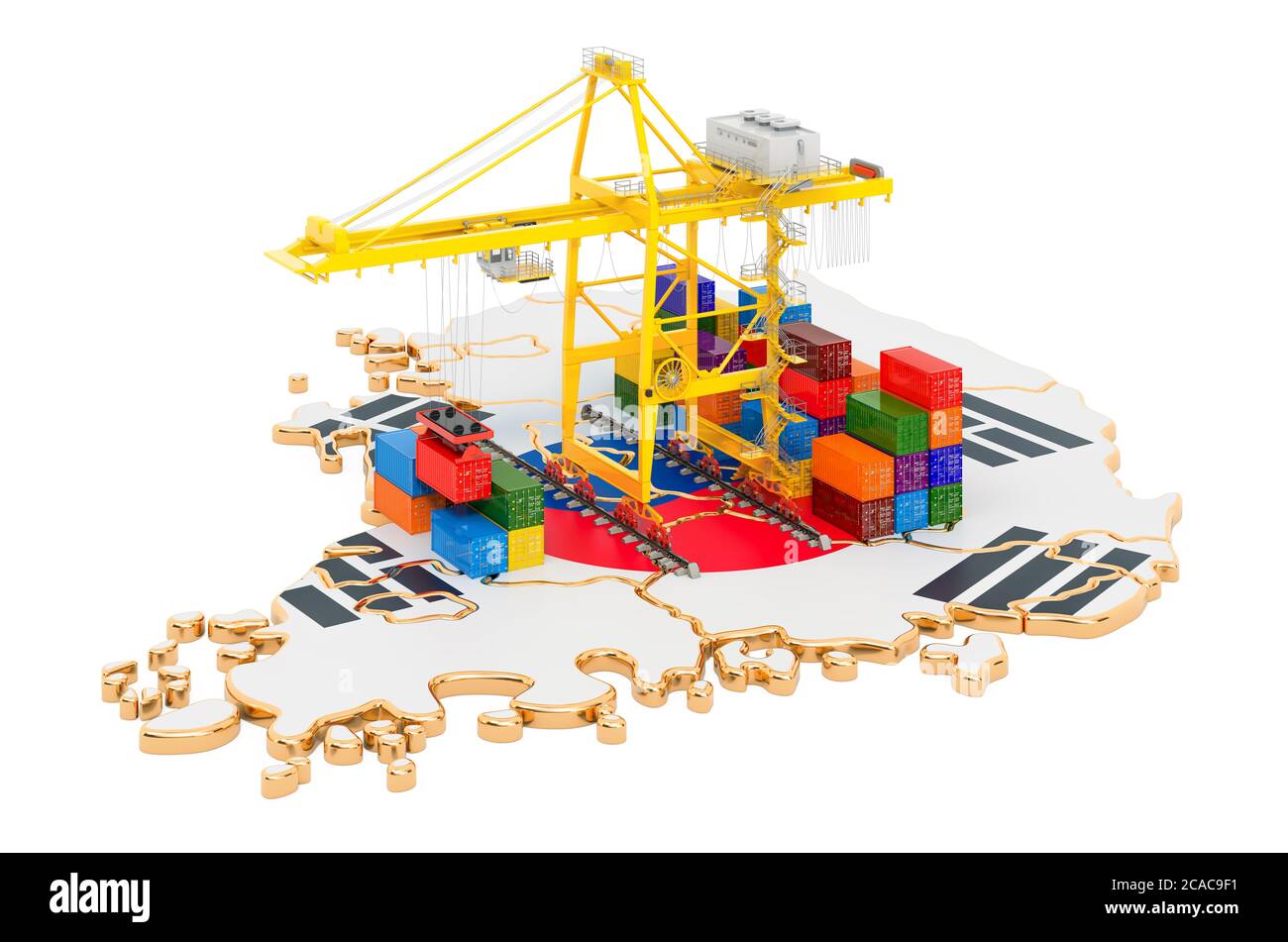 Frachtversand in Südkorea Konzept. Hafenkrane mit Frachtcontainern auf der südkoreanischen Landkarte. 3D-Rendering auf weißem Hintergrund isoliert Stockfoto