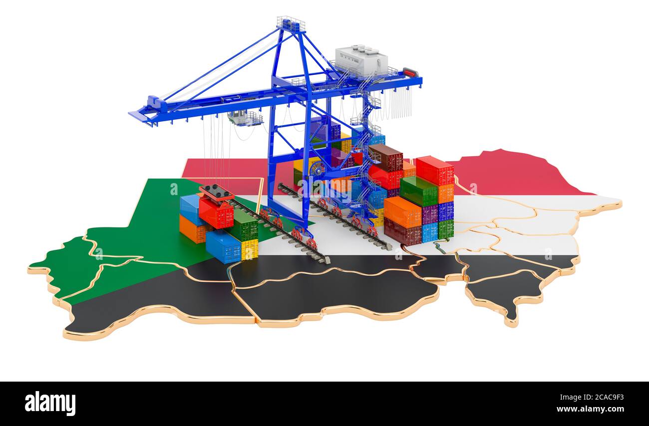 Frachtschifffahrt im Sudan Konzept. Hafenkrane mit Frachtcontainern auf der sudanesischen Karte. 3D-Rendering auf weißem Hintergrund isoliert Stockfoto