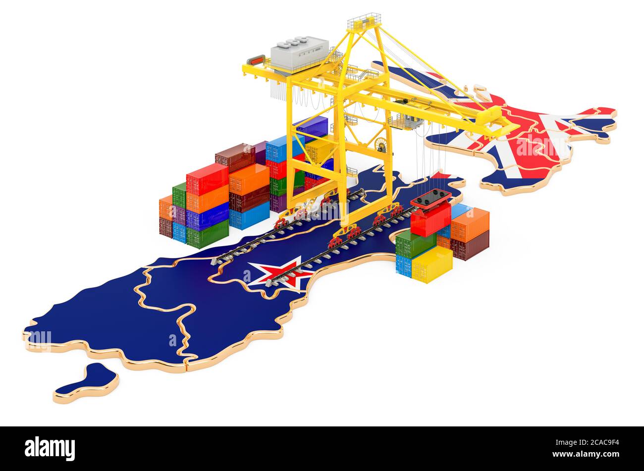 Frachtversand in Neuseeland Konzept. Hafenkrane mit Frachtcontainern auf der Neuseeland-Karte. 3D-Rendering auf weißem Hintergrund isoliert Stockfoto