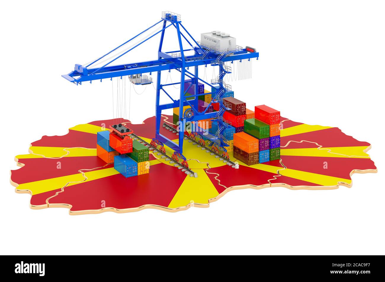 Frachtversand in Mazedonien Konzept. Hafenkrane mit Frachtcontainern auf der mazedonischen Landkarte. 3D-Rendering auf weißem Hintergrund isoliert Stockfoto