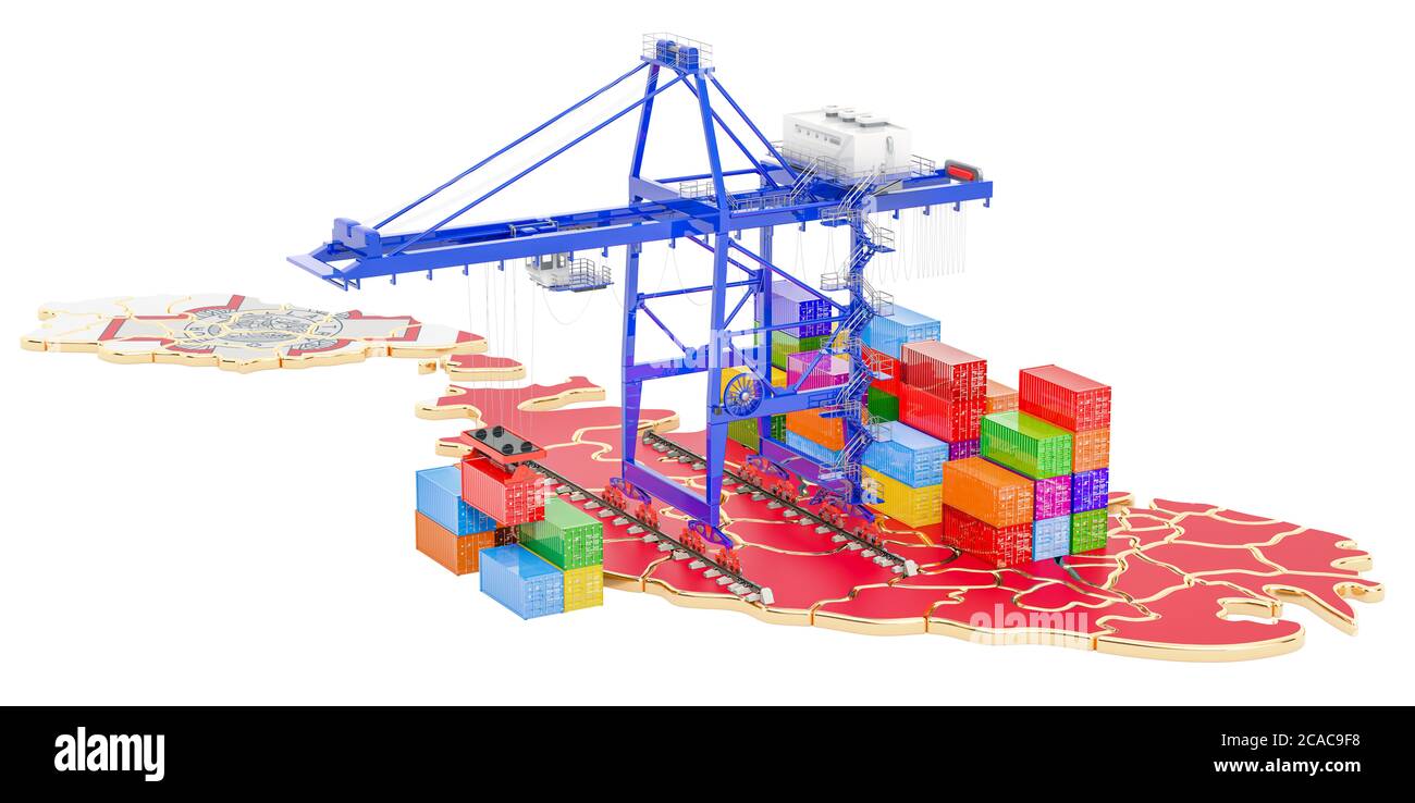 Frachtversand in Malta Konzept. Hafenkrane mit Frachtcontainern auf der maltesischen Karte. 3D-Rendering auf weißem Hintergrund isoliert Stockfoto