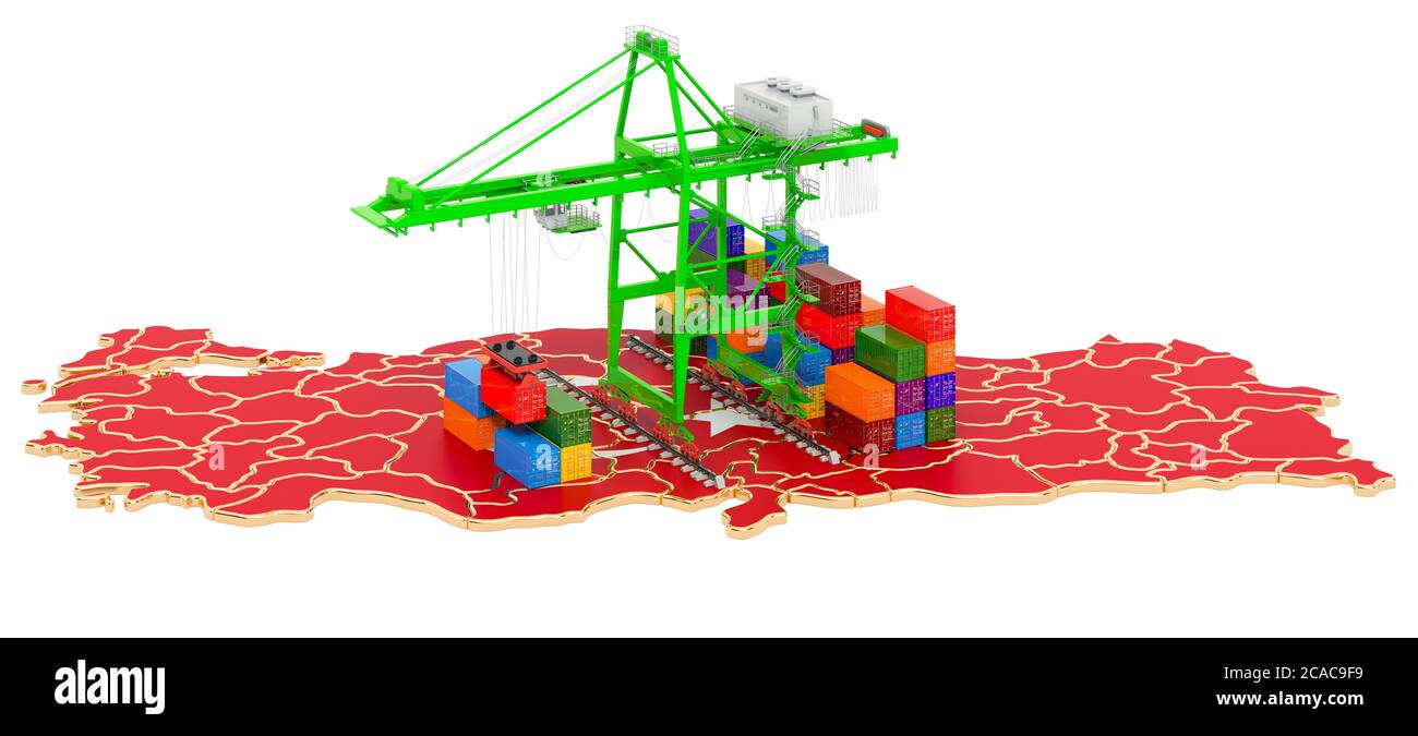 Frachtversand in der Türkei Konzept. Hafenkrane mit Frachtcontainern auf der türkischen Karte. 3D-Rendering auf weißem Hintergrund isoliert Stockfoto