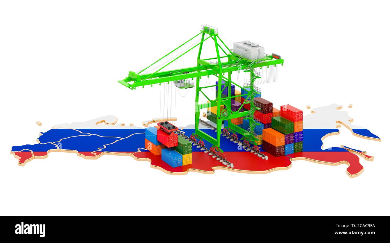 Frachtversand in Russland Konzept. Hafenkrane mit Frachtcontainern auf der russischen Karte. 3D-Rendering auf weißem Hintergrund isoliert Stockfoto