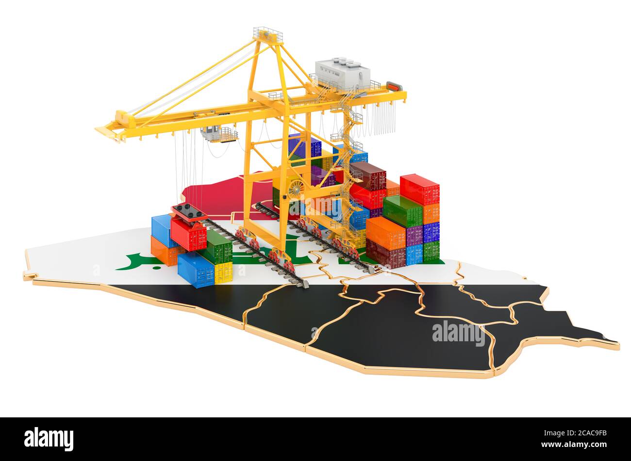 Frachtenschifffahrt im Irak Konzept. Hafenkrane mit Frachtcontainern auf der irakischen Landkarte. 3D-Rendering auf weißem Hintergrund isoliert Stockfoto
