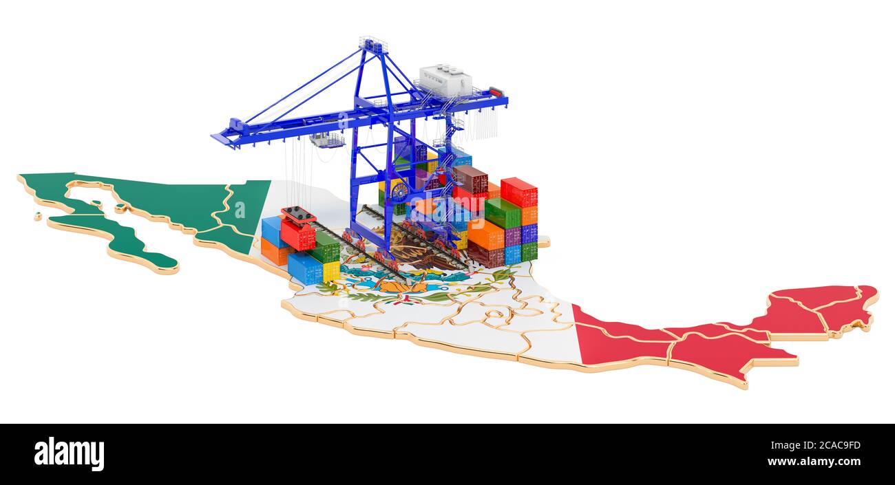 Frachtversand in Mexiko Konzept. Hafenkrane mit Frachtcontainern auf der mexikanischen Karte. 3D-Rendering auf weißem Hintergrund isoliert Stockfoto