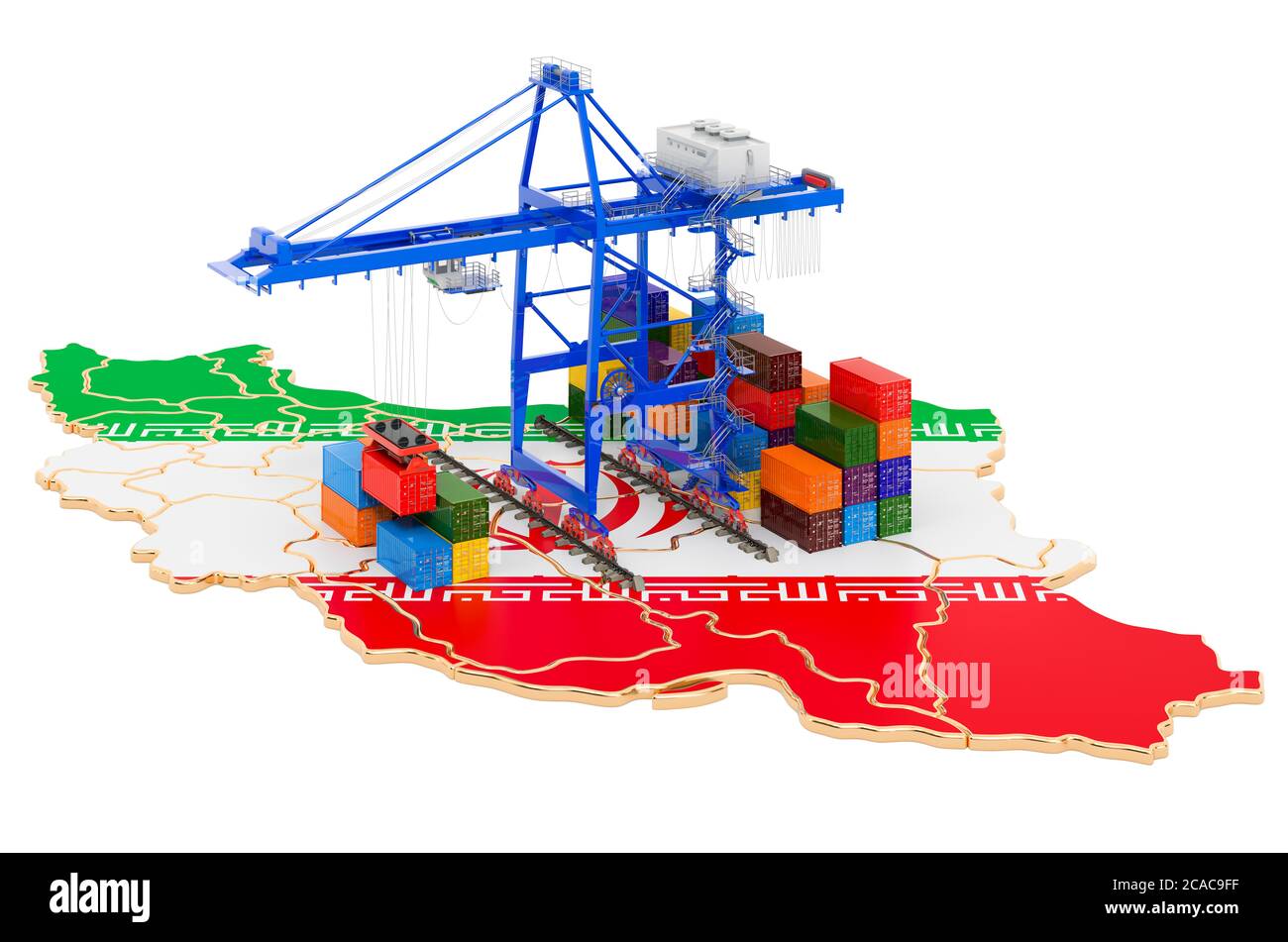 Frachtenschifffahrt im Iran Konzept. Hafenkrane mit Frachtcontainern auf der iranischen Landkarte. 3D-Rendering auf weißem Hintergrund isoliert Stockfoto