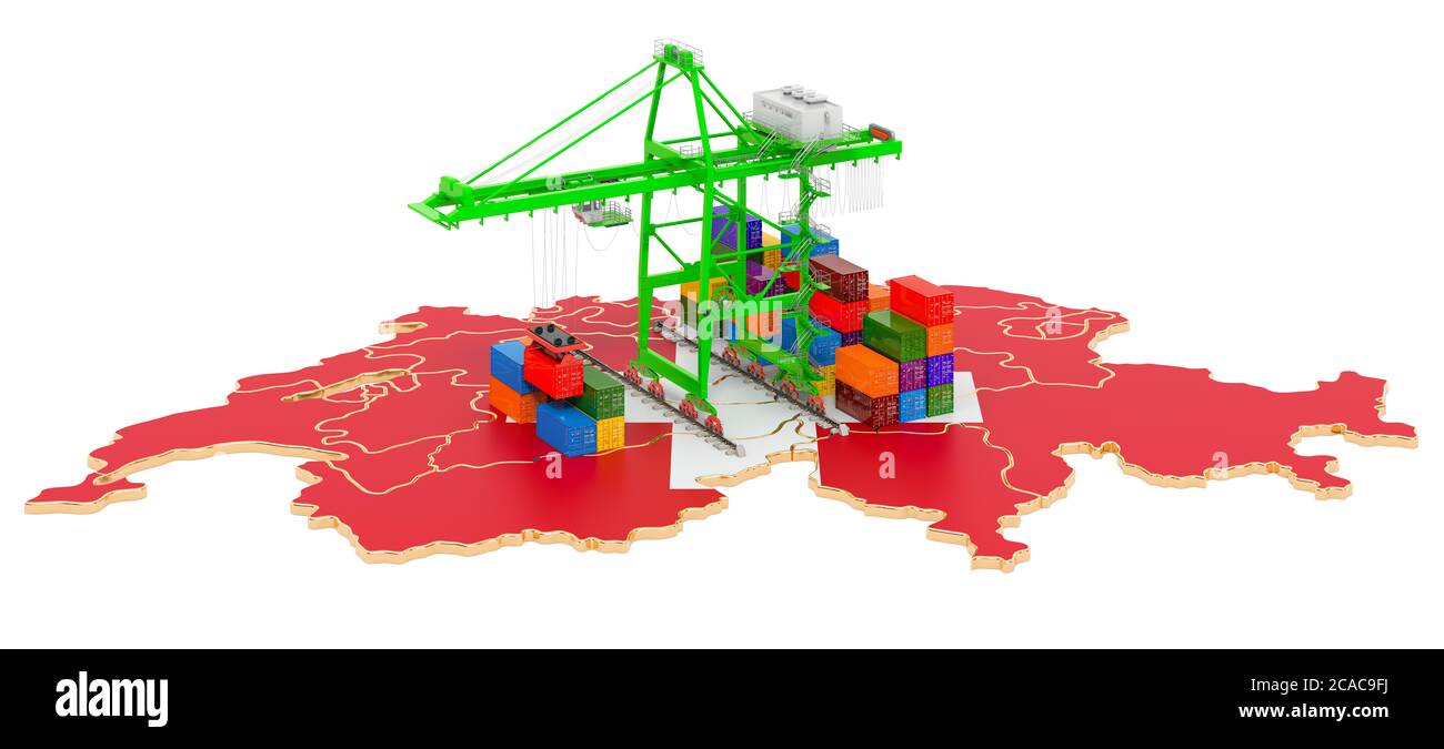 Güterverkehr in der Schweiz Konzept. Hafenkrane mit Frachtcontainern auf der Schweizer Landkarte. 3D-Rendering auf weißem Hintergrund isoliert Stockfoto