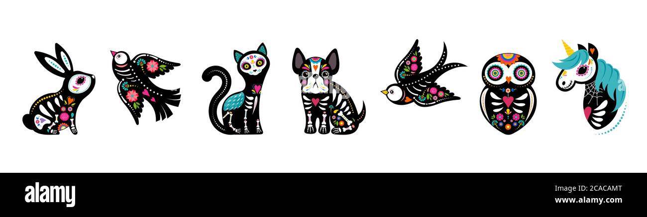 Tag der Toten, Dia de los muertos, Tiere Skelette Sammlung, Hund, Vogel, Einhorn, Hase und Katze Schädel und Skelett mit bunten geschmückt Stock Vektor