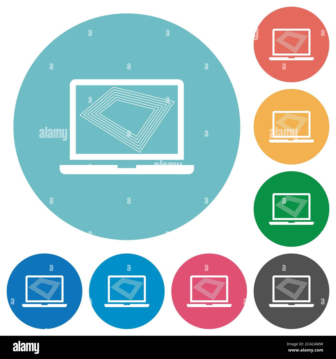 Bildschirmschoner auf Laptop flache weiße Symbole auf runden farbigen Hintergründen Stock Vektor