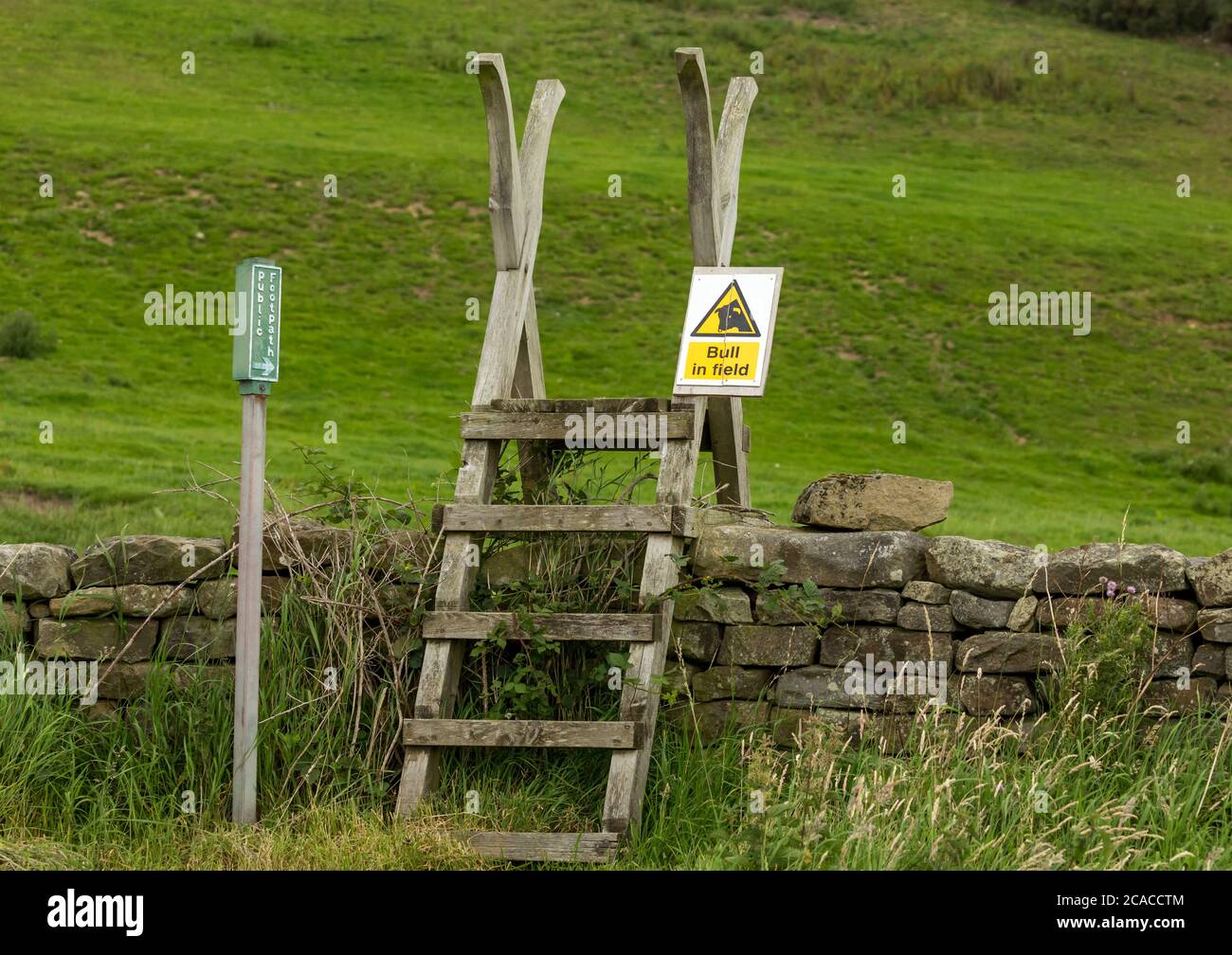 Bulle im Feld Warnschild an einer Leiter Stiel, die zu einem öffentlichen Fußweg über eine Trockensteinmauer befestigt. Horizontal. Platz für Kopie. Stockfoto