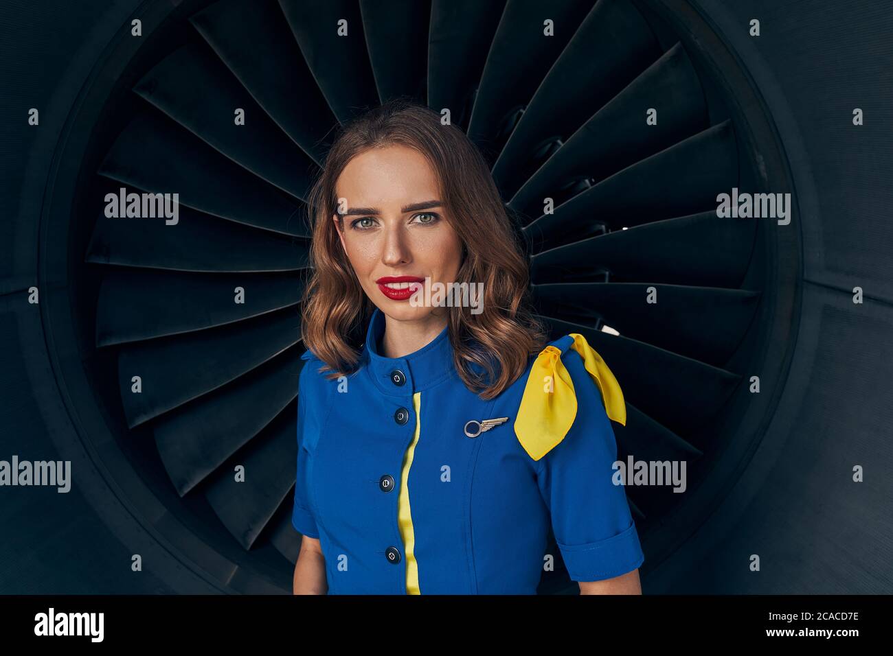 Junge Flugbegleiterin mit lockeren Haaren, die nach vorne schauen Stockfoto