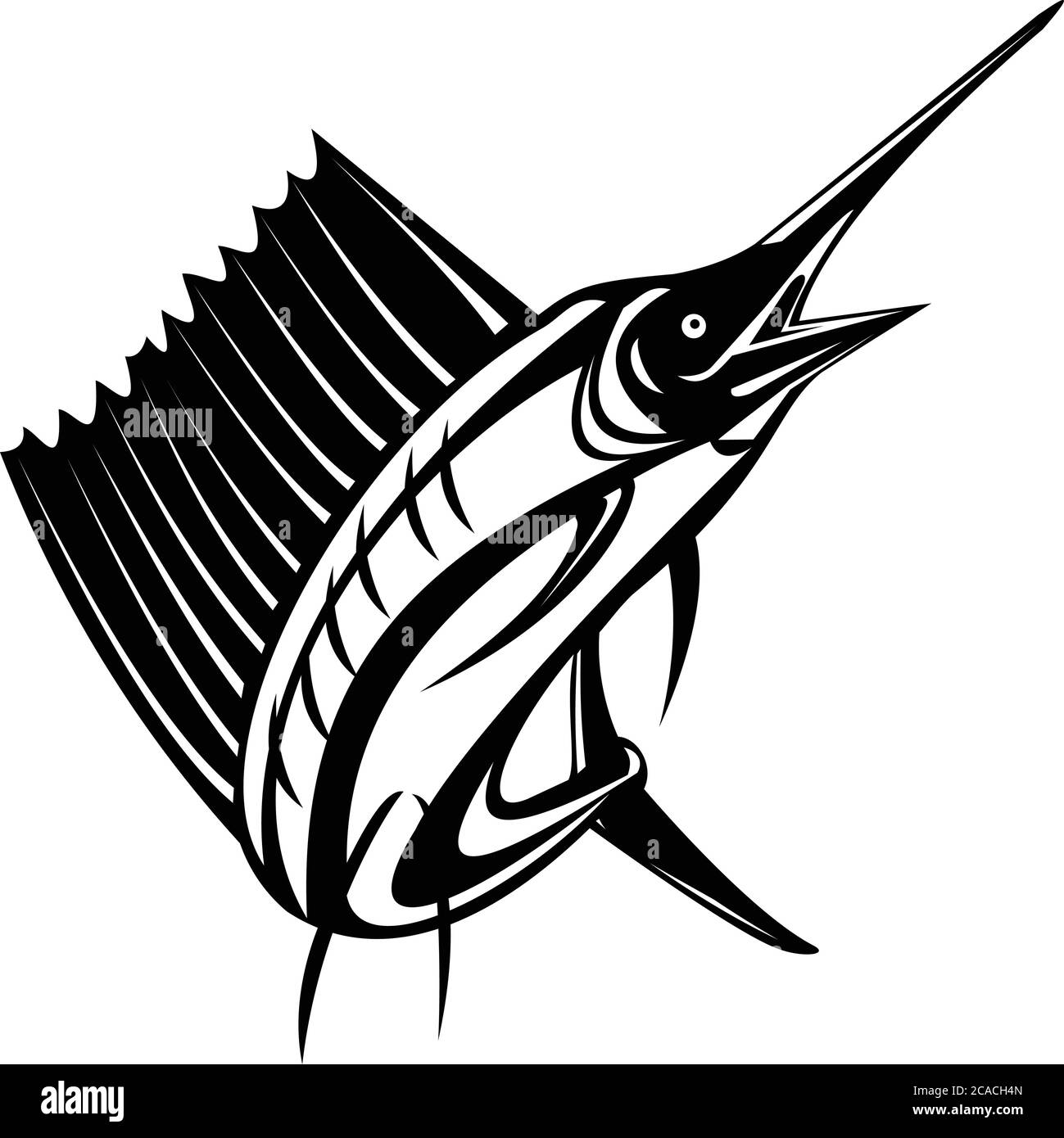 Retro Holzschnitt-Stil Illustration eines Atlantischen Seemanns oder Indo-Pazifik Seemanns, ein Fisch der Gattung istiophorus von Billfish leben in kalten Gebieten, Jumpi Stock Vektor