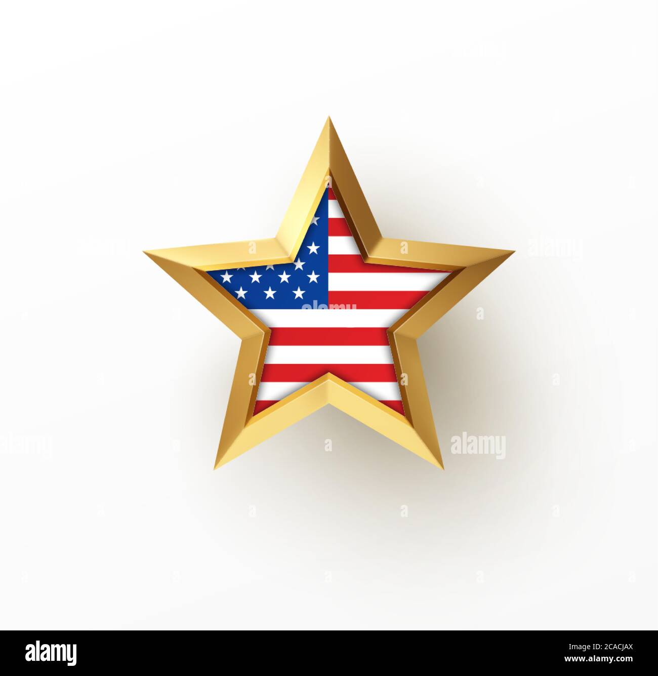 Golden realistischer 3d-Stern mit amerikanischer Flagge isoliert auf weißem Hintergrund. Gestaltungselement für patriotische amerikanische Plakate, Karten. Vektorgrafik Stock Vektor
