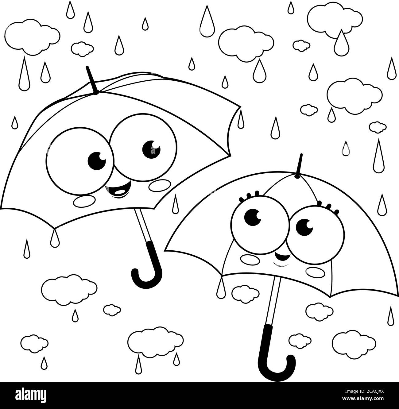Niedliche Regenschirm-Charaktere im Regen. Vektor schwarz-weiß Malseite Stock Vektor