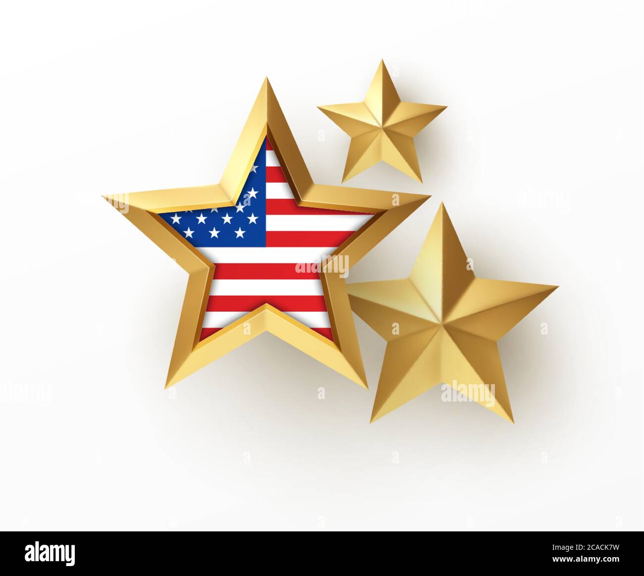 Golden realistischer 3d-Stern mit amerikanischer Flagge isoliert auf weißem Hintergrund. Gestaltungselement für patriotische amerikanische Plakate, Karten. Vektorgrafik Stock Vektor