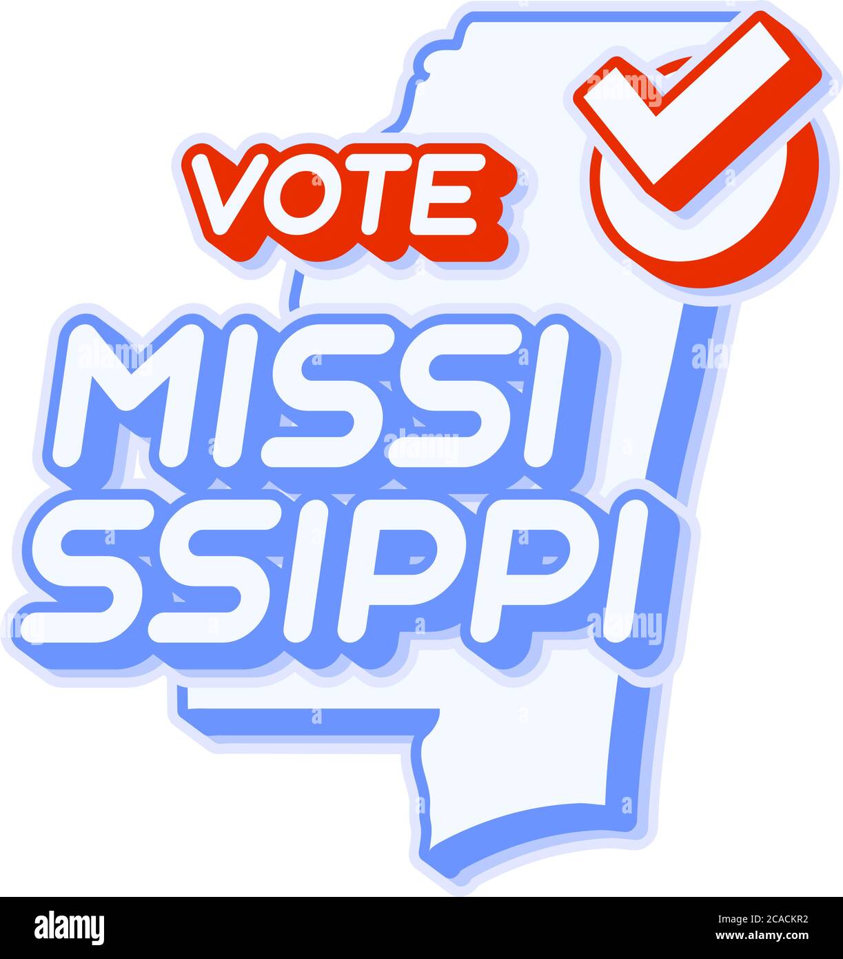 Präsidentschaftswahl in Mississippi USA 2020 Vektorgrafik. Zustandskarte mit Text zur Abstimmung und rotem Häkchen oder Häkchen der Wahl. Aufkleber isoliert auf einem Stock Vektor