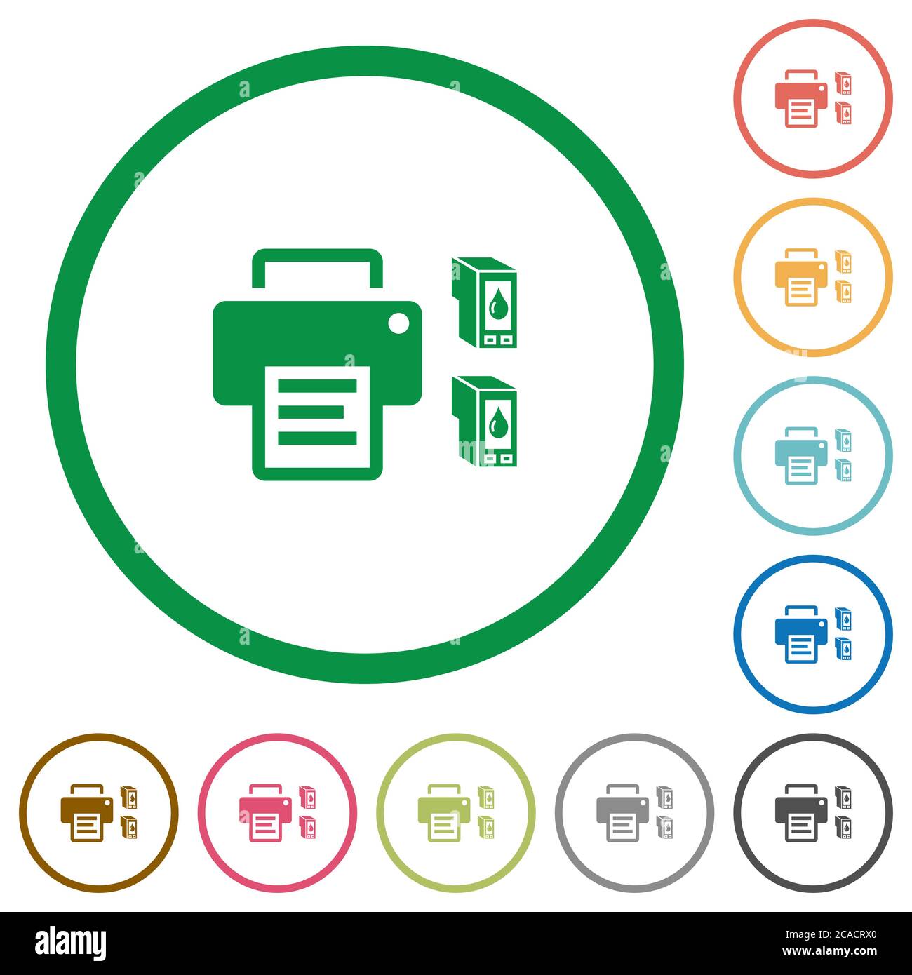 Drucker- und Tintenpatronen flache Farbsymbole in runden Umrissen auf weißem Hintergrund Stock Vektor