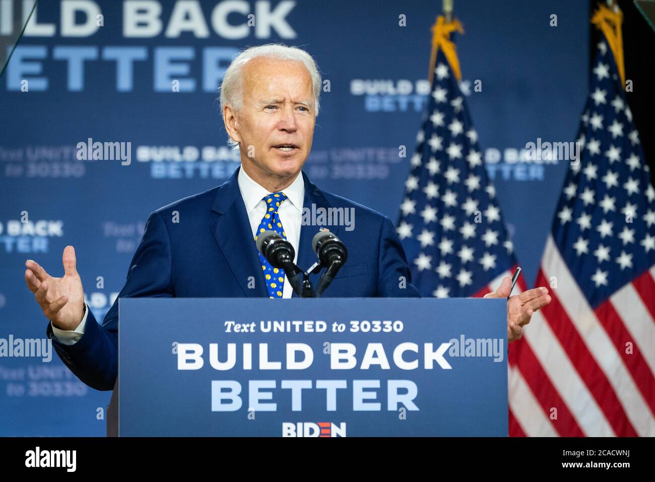 WILMINGTON, DELAWARE, USA - 28. Juli 2020 - US-Präsidentschaftskandidat Joe Biden spricht auf der Build Back Better Pressekonferenz zu Economic Equity in Stockfoto