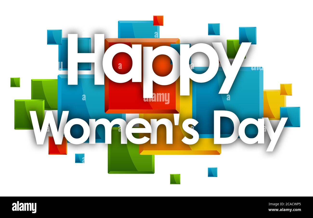 Happy Women's Day Wort in farbigen Rechtecken Hintergrund Stockfoto