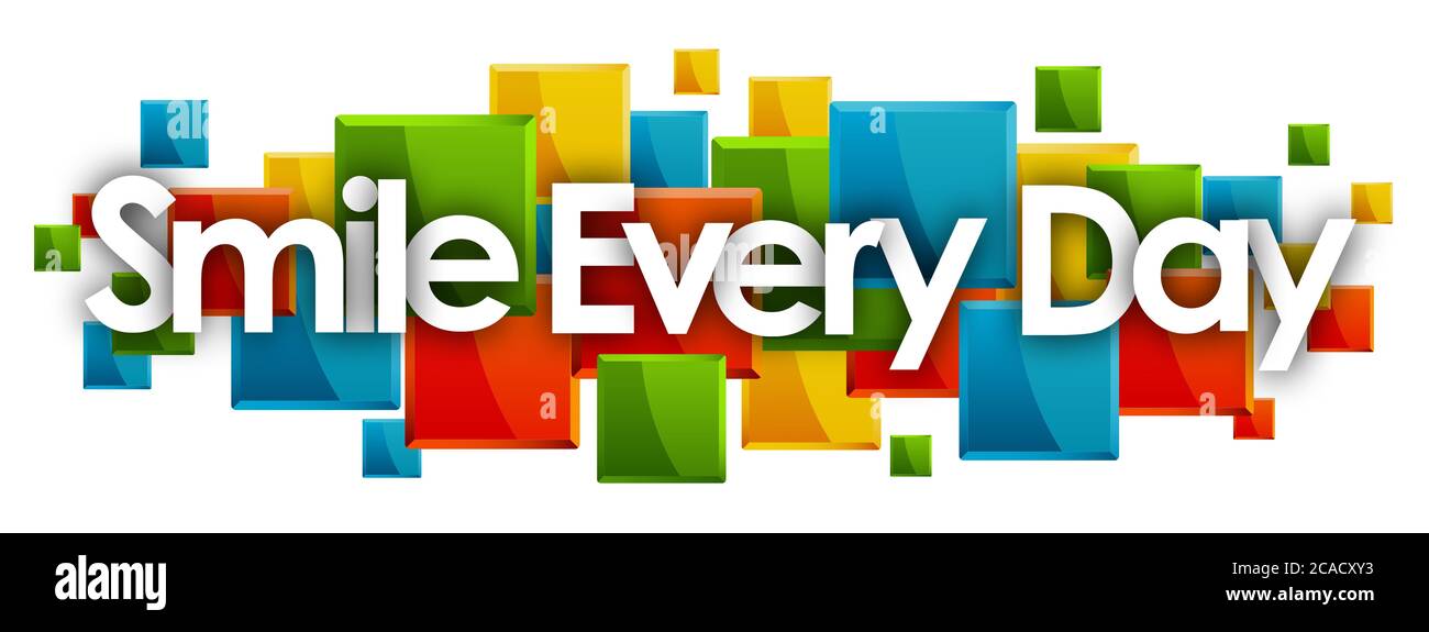 Lächeln Sie jeden Tag Wort in farbigen Rechtecken Hintergrund Stockfoto