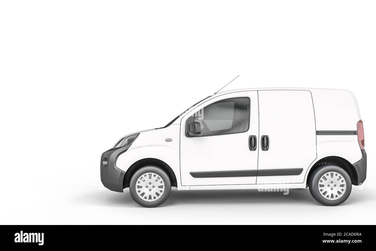 Weißer Minivan auf weißem Hintergrund. 3d Render. Versand- und Logistikkonzept. Stockfoto