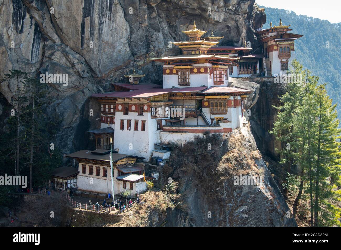 Bhutan, Paro. Taktshang Goemba oder Tiger’s Nest Kloster, einer der heiligsten religiösen Stätten Bhutans. Stockfoto
