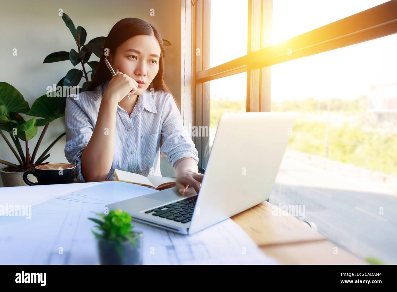 Serious asiatische weibliche Architekten arbeiten unter Druck mit Laptop für Die Erforschung der architektonischen Analyse Projekt sitzen in der Nähe des Fensters an Zu Hause Stockfoto