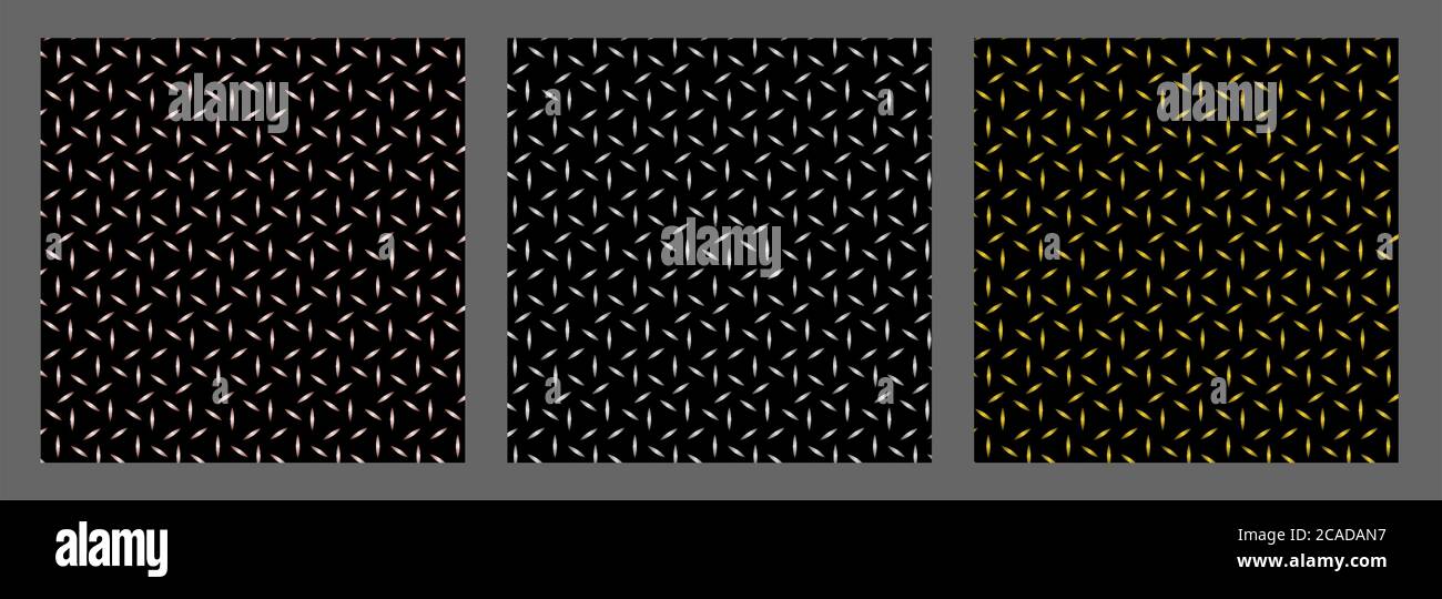 Stahl Diamant Platte nahtlose Muster Textur Set. Schwarze Metall Hintergrund Sammlung auf grauem Hintergrund, realistische Vektor-Illustration Stock Vektor