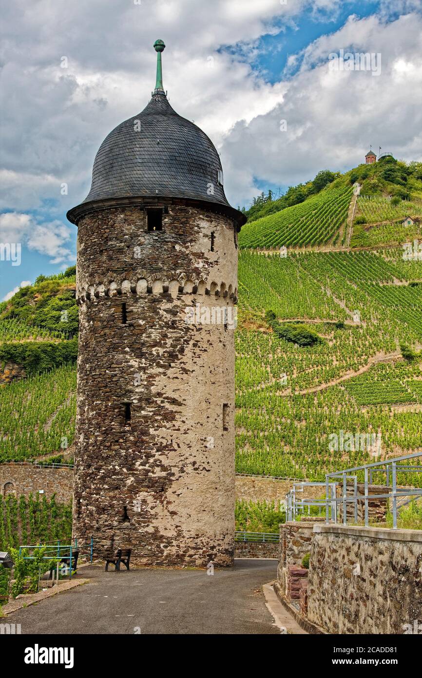 Alte Festung; Runder Turn; Steinmunition Turm; steile Hügel Weinberge; Wolken, Mosel Tal, Mosel, Europa; Zell; Deutschland Stockfoto