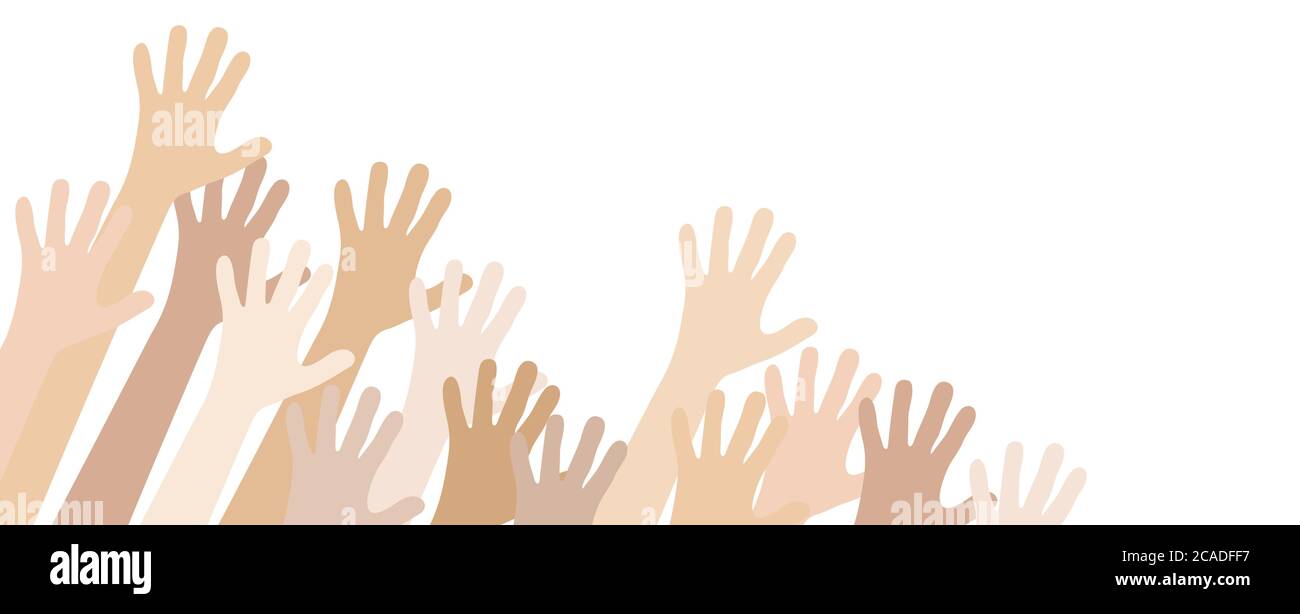 EPS Vektor Illustration von vielen verschiedenen Hautfarben Menschen strecken ihre Hände nach oben symbolisieren Zusammenarbeit oder Vielfalt Freundschaft Stock Vektor