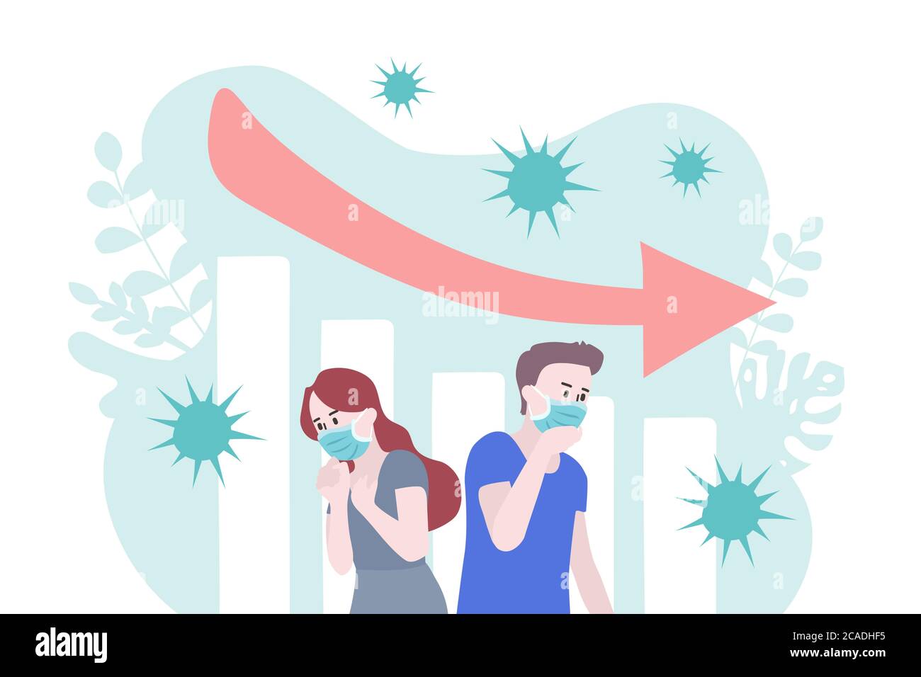 Die Auswirkungen von COVID-19 auf die Weltwirtschaft. Das Virus wirkt sich auf die Weltwirtschaft aus. Spardiagramm unten und roter Pfeil unten. Stock Vektor