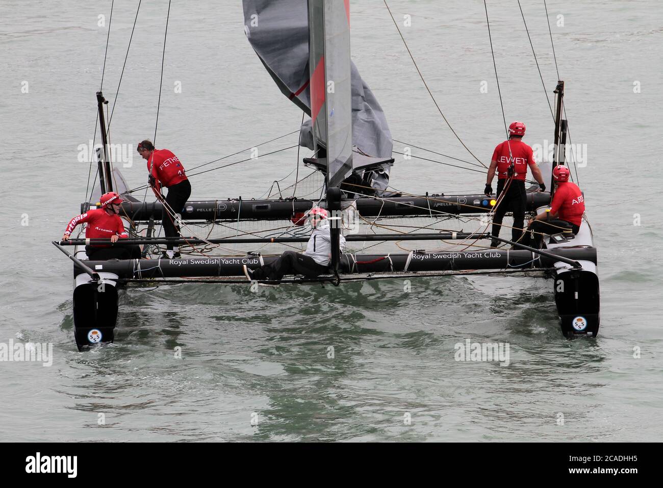 VENEDIG, ITALIEN - MAI 20: Ein AC45 Katamaran am letzten Tag der Venice 2012 - America's Cup World Series am 20. Mai 2012 in Venedig, Italien Stockfoto