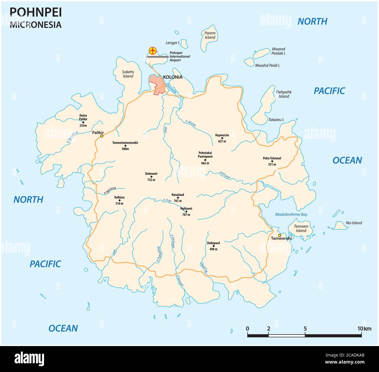 Vektor-Straßenkarte der wichtigsten Mikronesianischen Insel Pohnpei Stock Vektor