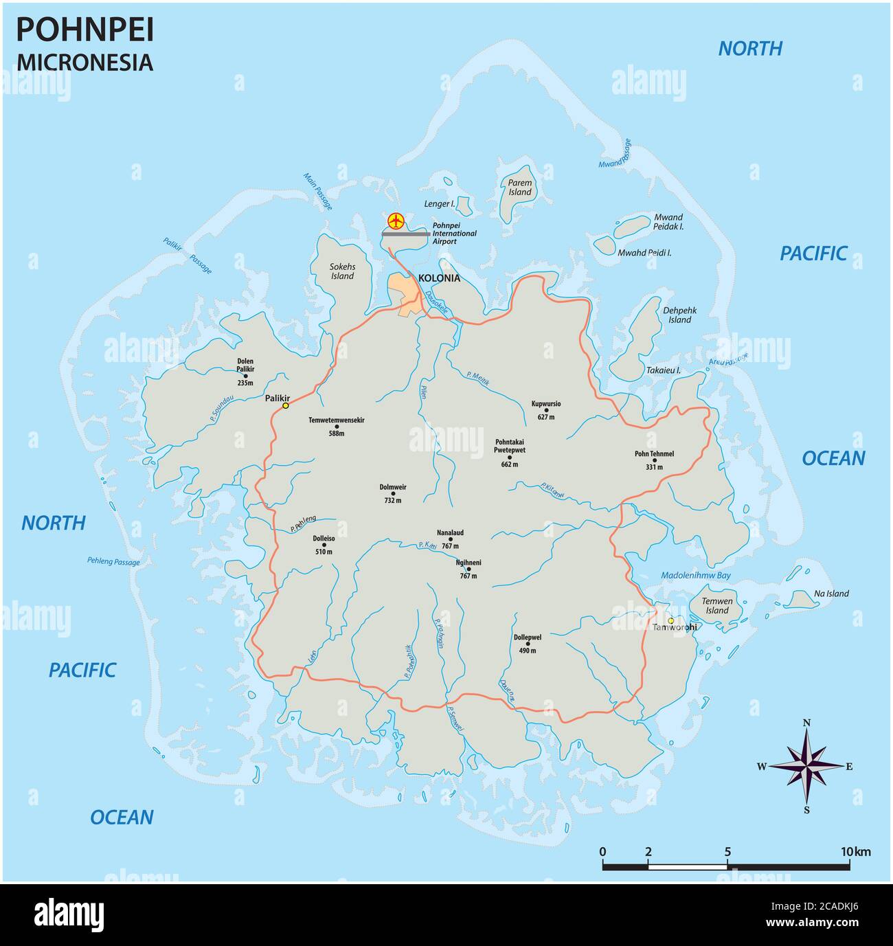 Vektor-Straßenkarte der wichtigsten Mikronesianischen Insel Pohnpei Stock Vektor