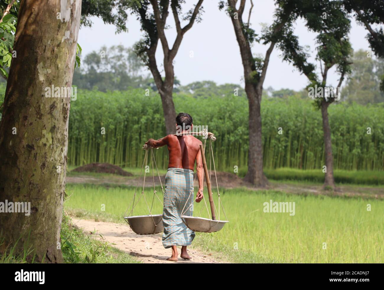 Asiatischer Landwirt mit landwirtschaftlichen Werkzeugen (Spaten, Schalen) für die Arbeit in der nächsten Ackerland in einem ländlichen Gebiet von Bangladesch Stockfoto