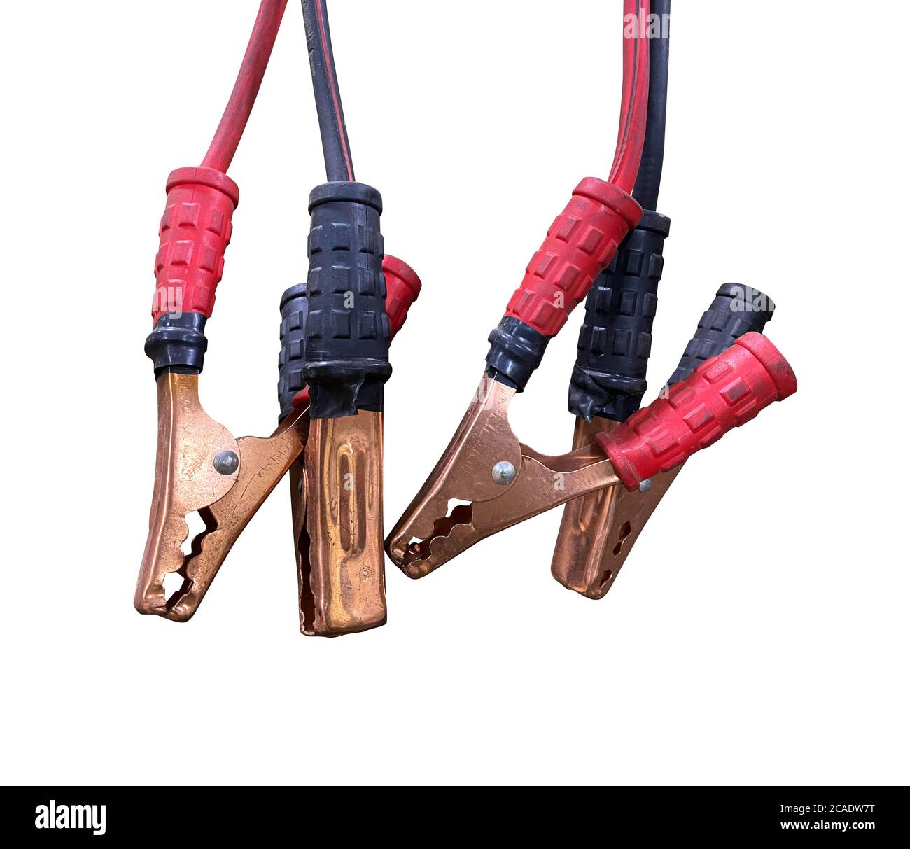 Alte Startautokabel auf weißem, isoliertem Hintergrund Stockfoto