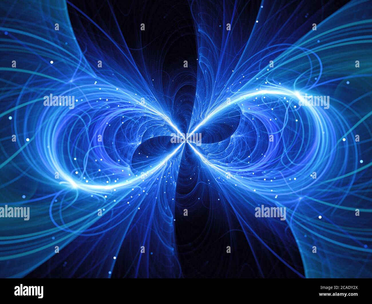 Blau glühendes Infinity-Zeichen mit Partikeln, computergenerierter abstrakter Hintergrund, 3D-Rendering Stockfoto