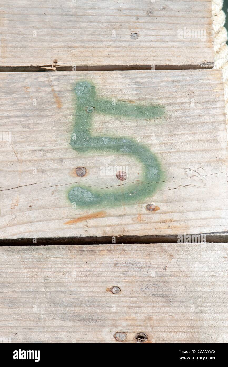 Grüne Sprühfarbe Nummer fünf auf Holzbohlen Stockfoto