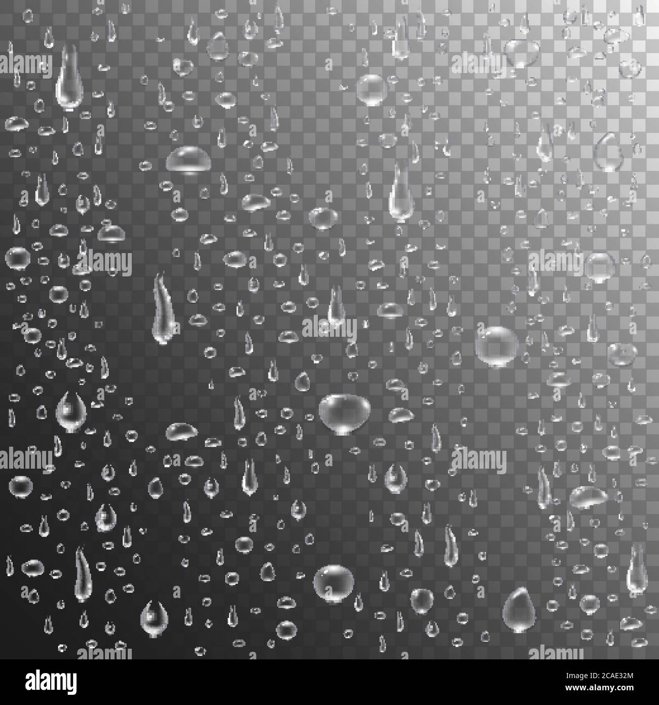Regentropfen oder Dampfdusche. Realistische Wassertropfen auf transparentem Hintergrund. Klare Dampfblasen auf der Glasfläche des Fensters. Verdichtete reine Tröpfchen. Vec Stock Vektor