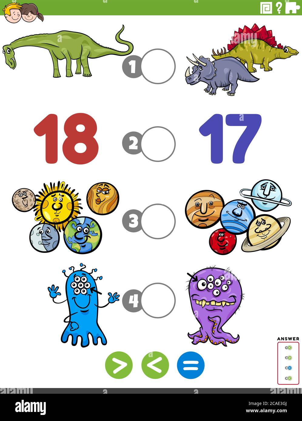 Cartoon Illustration von Educational Mathematical Puzzle Spiel von größer als, kleiner als oder gleich für Kinder mit Comic-Figuren Arbeitsblatt Seite Stock Vektor