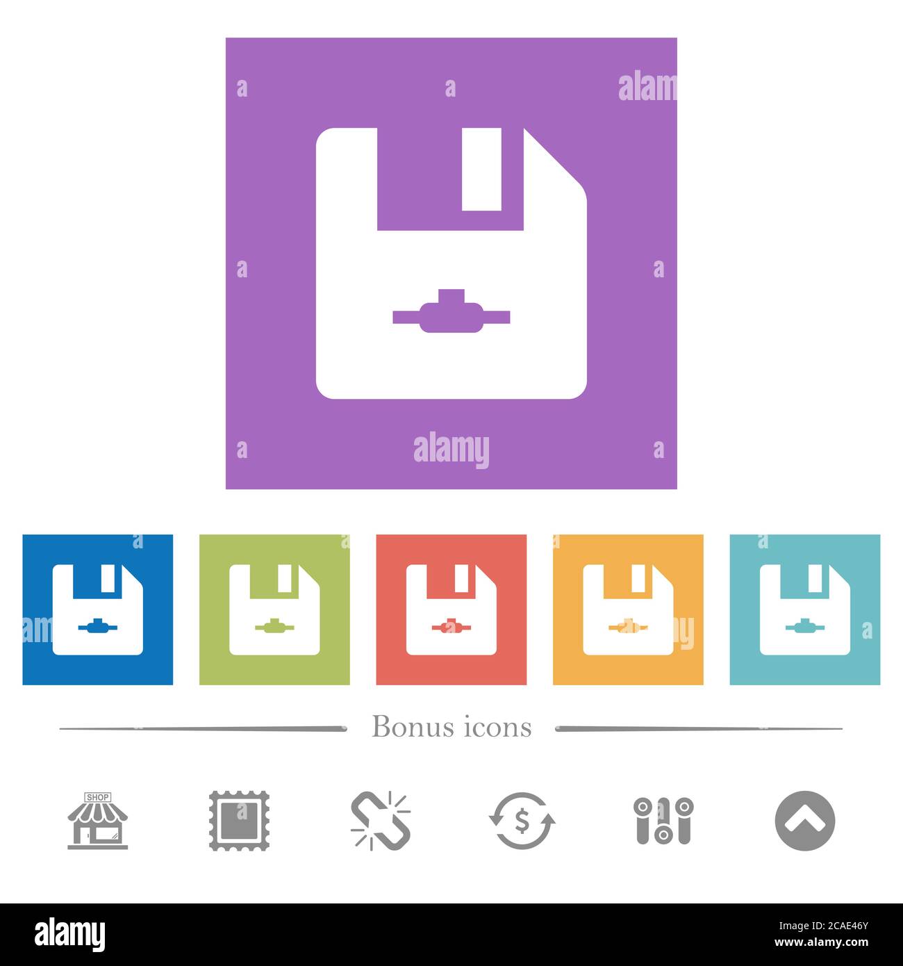 Flache weiße Symbole in quadratischen Hintergründen für Netzwerkdateien. 6 Bonus-Symbole enthalten. Stock Vektor