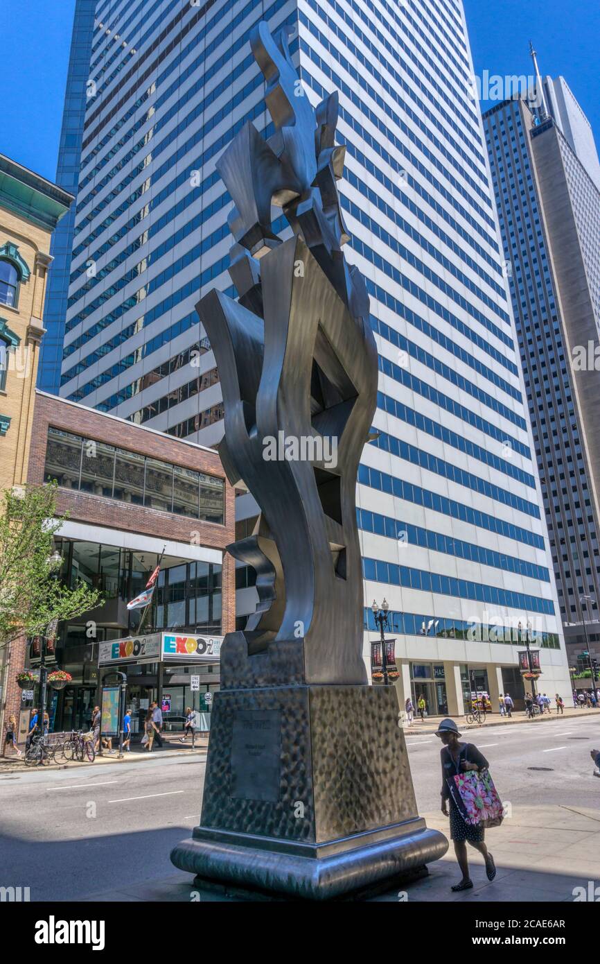 We will, eine geschweißte Edelstahlskulptur von Richard Hunt, die 2005 in Chicago installiert wurde. Stockfoto