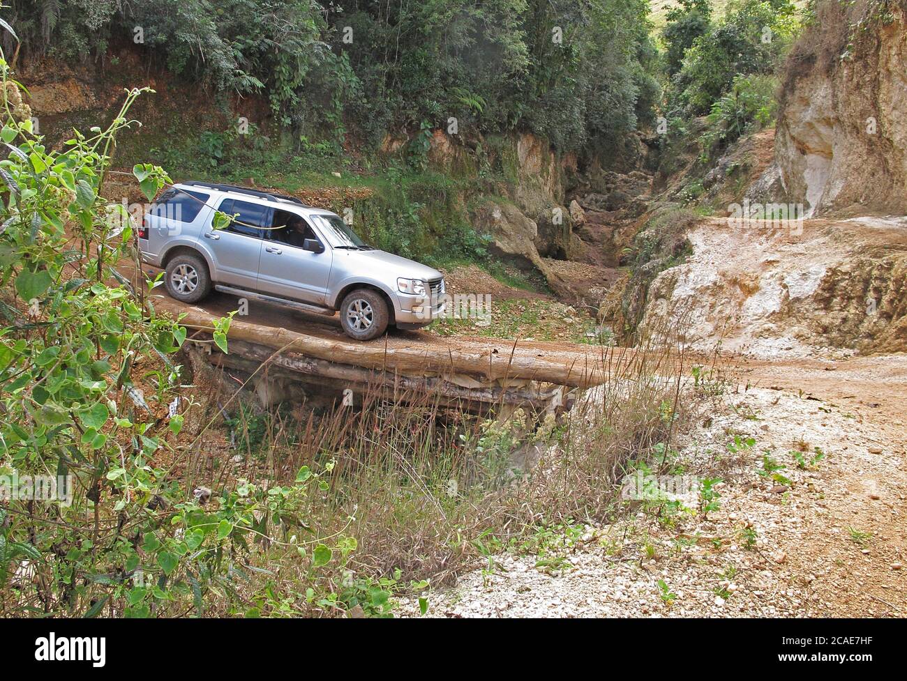 Auto Überquerung Brücke auf Waldstraße über erodierte Schlucht Bahoruco Mountains NP, Dominikanische Republik Januar 2014 Stockfoto