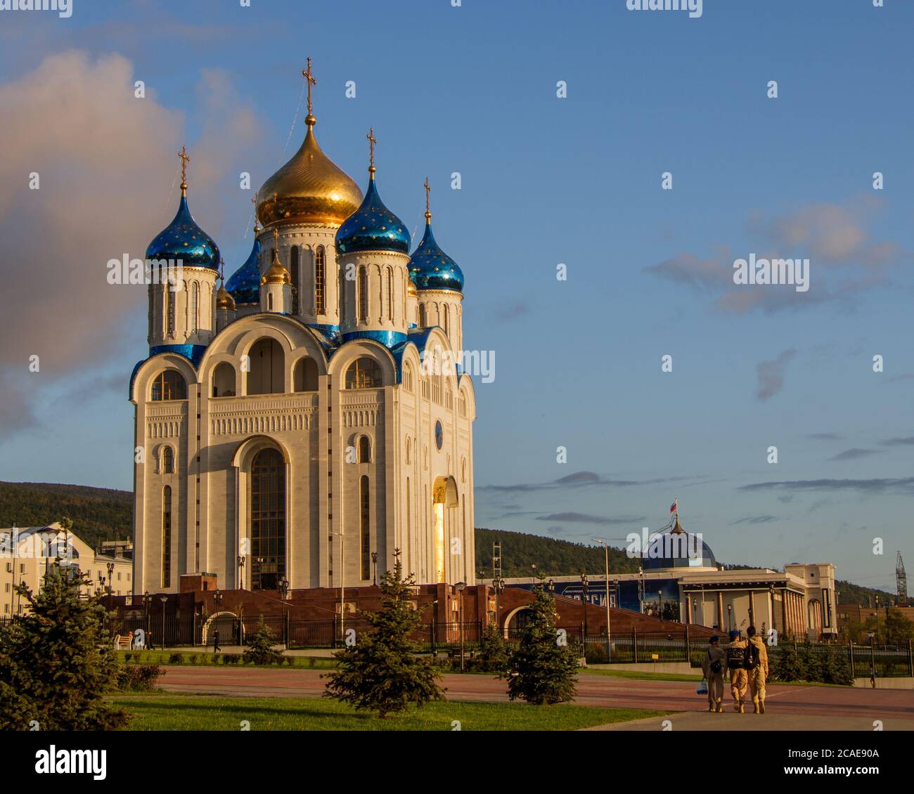 Juschno-Sachalinsk, Russland - 29. August 2019. Blick auf die Geburtskathedrale Stockfoto