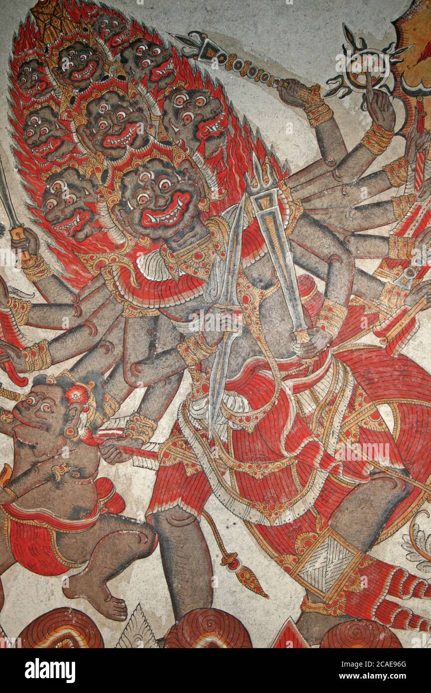 Ravana Demon auf bemalter Decke von Kerta Gosa in EINEM traditionellen balinesischen Stil namens Wayang oder Kamasan Stockfoto