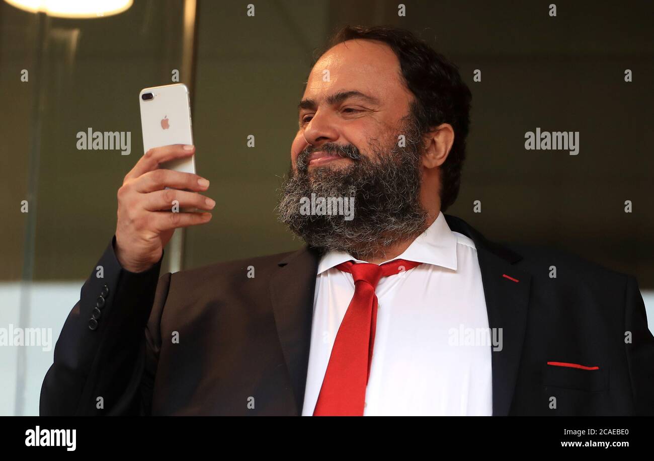 Olympiakos-Besitzer Evangelos Marinakis vor dem UEFA Europa League-Lauf 16 zweite Etappe Spiel im Molineux Stadium, Wolverhampton. Donnerstag, 6. August 2020. Siehe PA Geschichte SOCCER Wolves. Bildnachweis sollte lauten: Mike Egerton/PA Wire. Stockfoto