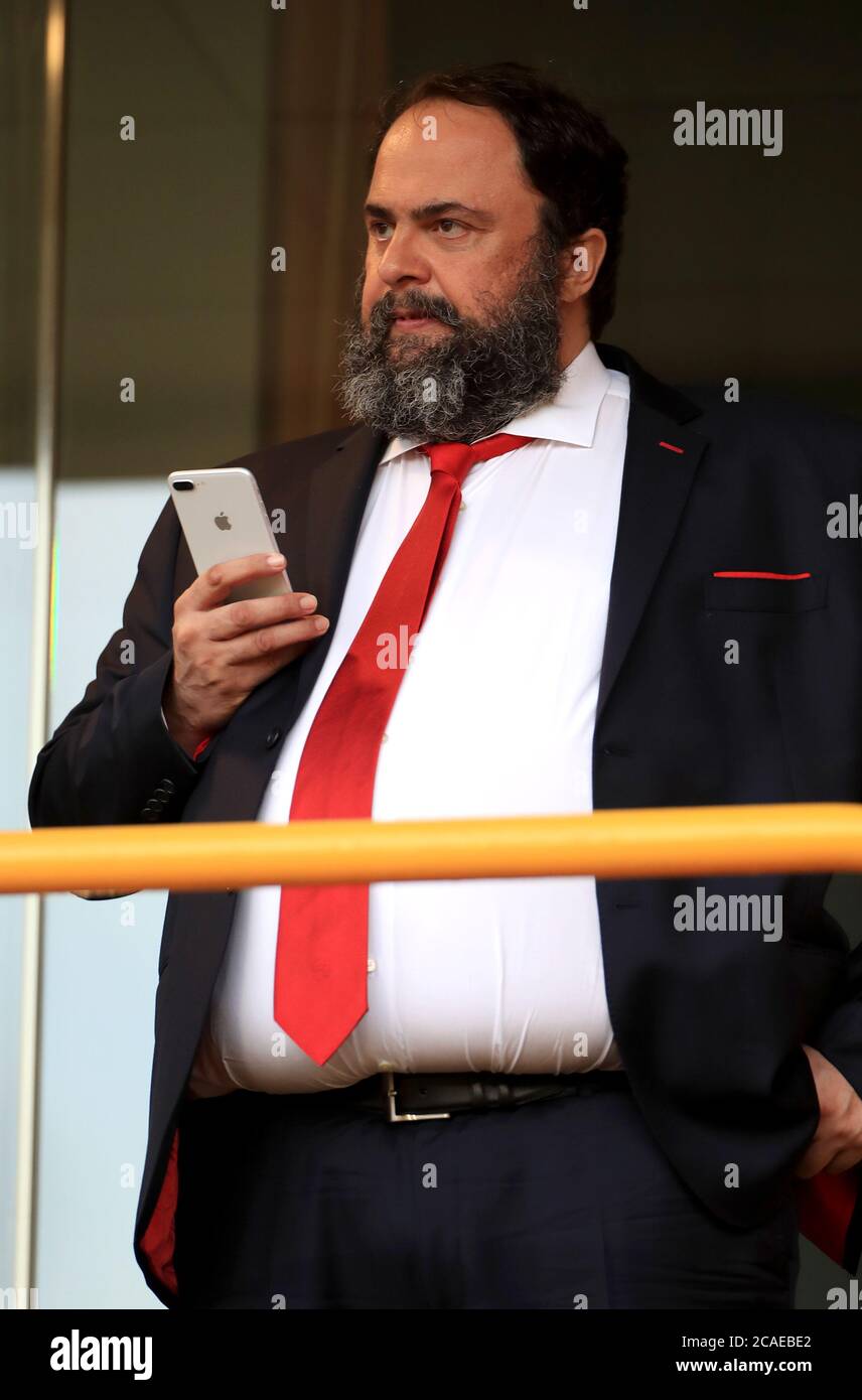 Olympiakos-Besitzer Evangelos Marinakis vor dem UEFA Europa League-Lauf 16 zweite Etappe Spiel im Molineux Stadium, Wolverhampton. Donnerstag, 6. August 2020. Siehe PA Geschichte SOCCER Wolves. Bildnachweis sollte lauten: Mike Egerton/PA Wire. Stockfoto