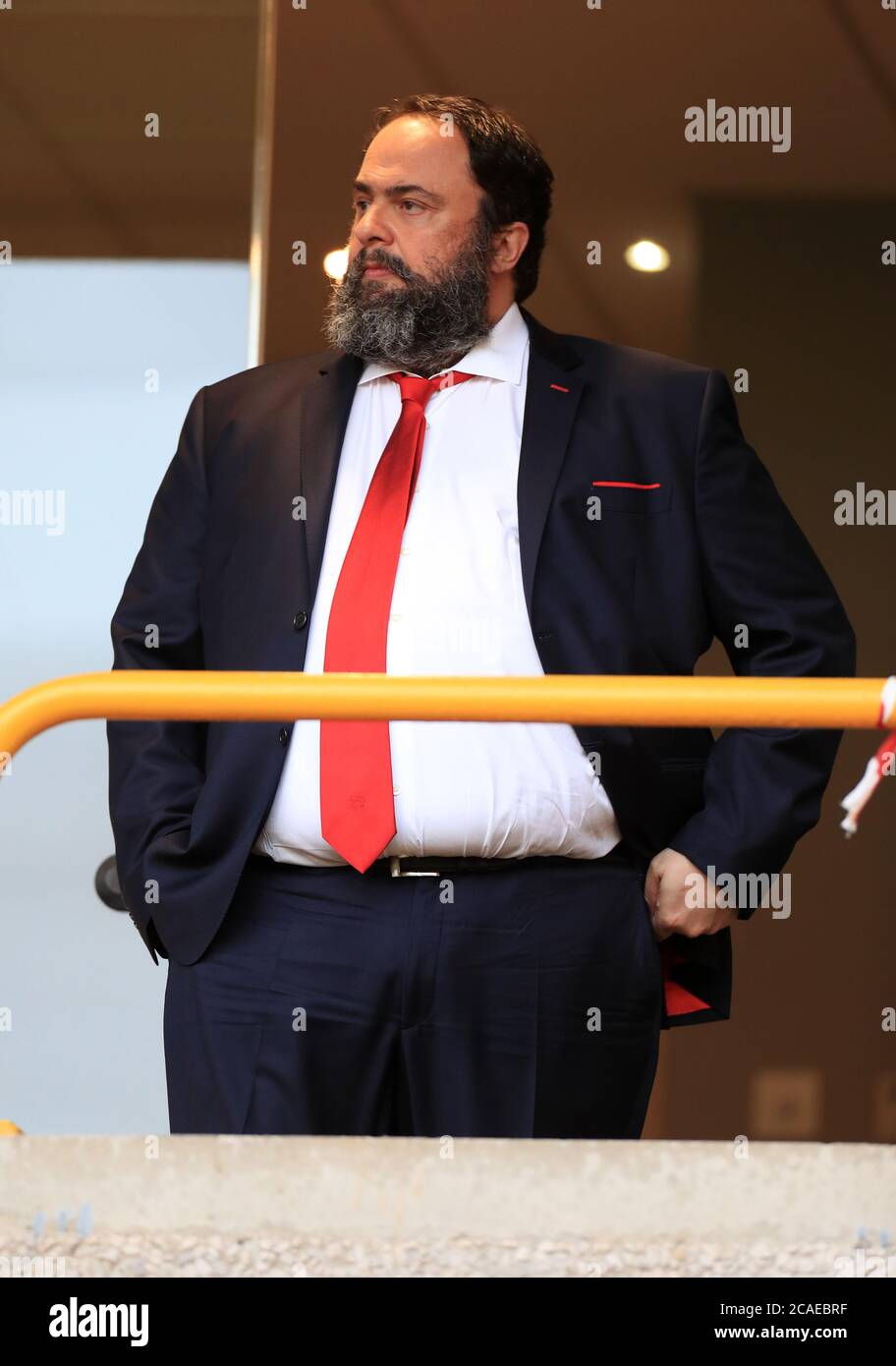 Olympiakos-Besitzer Evangelos Marinakis während der UEFA Europa League Runde 16 zweite Etappe Spiel im Molineux Stadium, Wolverhampton. Donnerstag, 6. August 2020. Siehe PA Geschichte SOCCER Wolves. Bildnachweis sollte lauten: Mike Egerton/PA Wire. Stockfoto