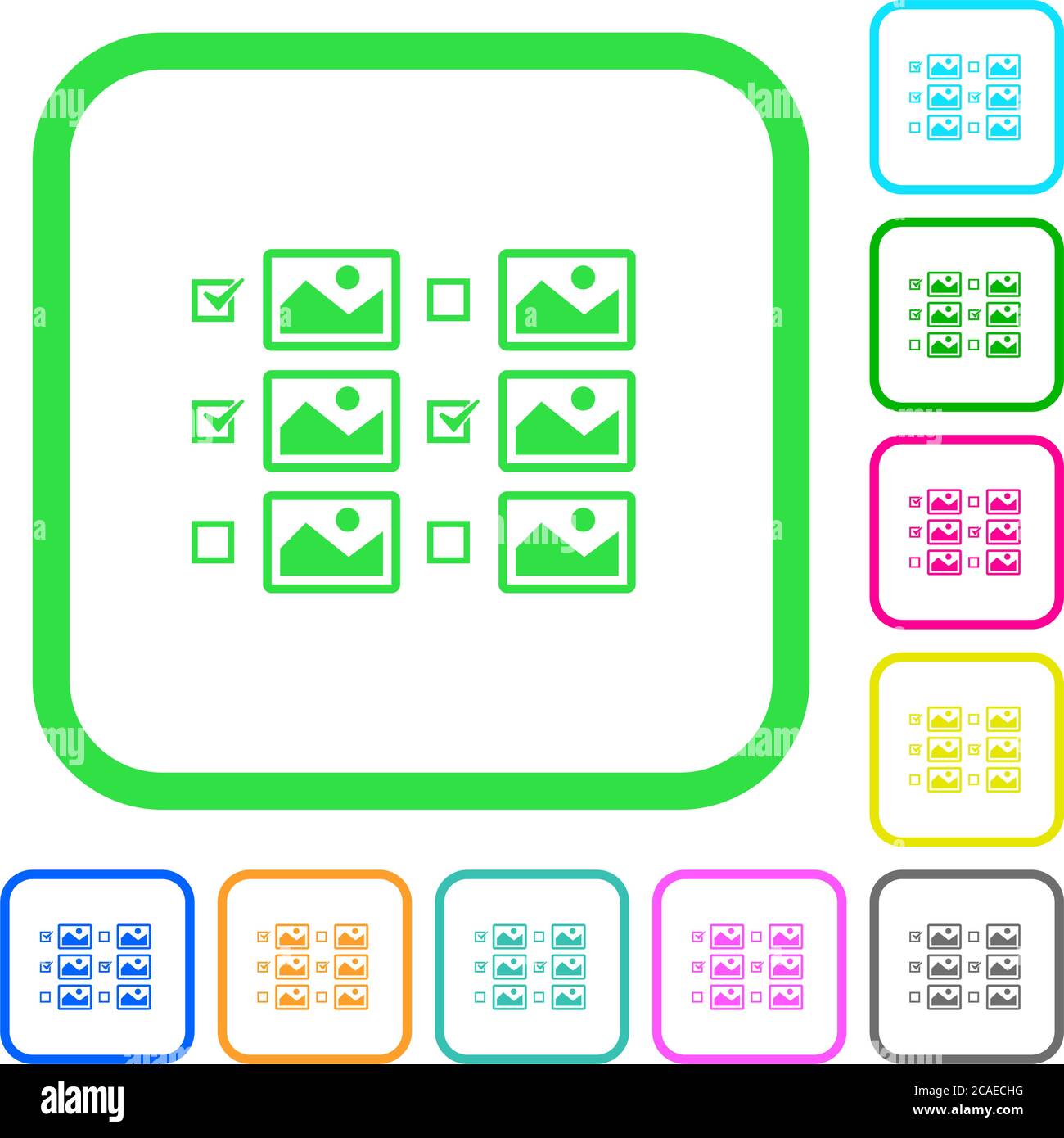 Auswahl mehrerer Bilder mit Kontrollkästchen flache Symbole in lebendigen Farben in gekrümmten Rändern auf weißem Hintergrund Stock Vektor