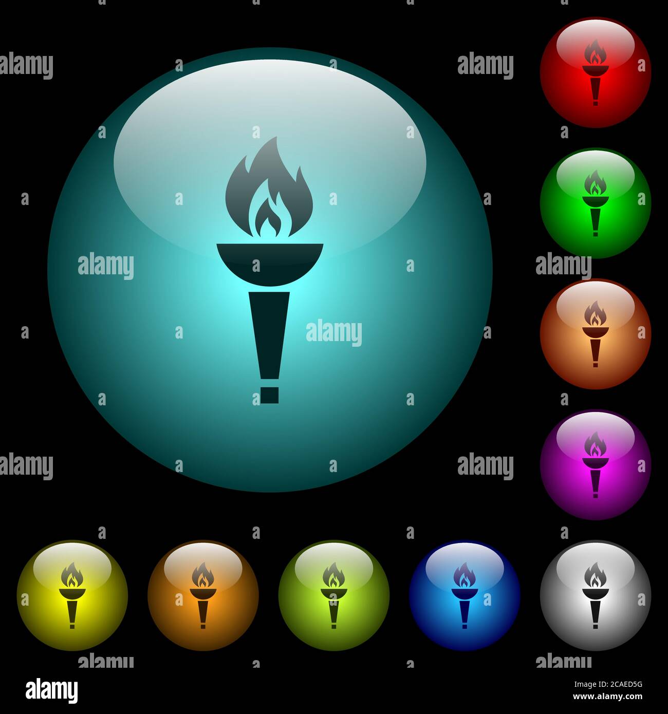 Fackel-Symbole in farbig beleuchteten Kugelglas-Tasten auf schwarzem Hintergrund. Kann für schwarze oder dunkle Vorlagen verwendet werden Stock Vektor